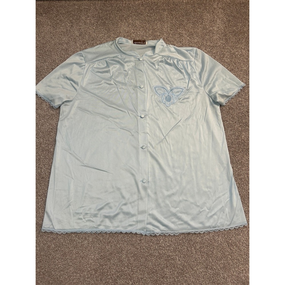 Vassarette Pajama Top Womens Large Blue Excellent Vintage Butterfly Lace USA